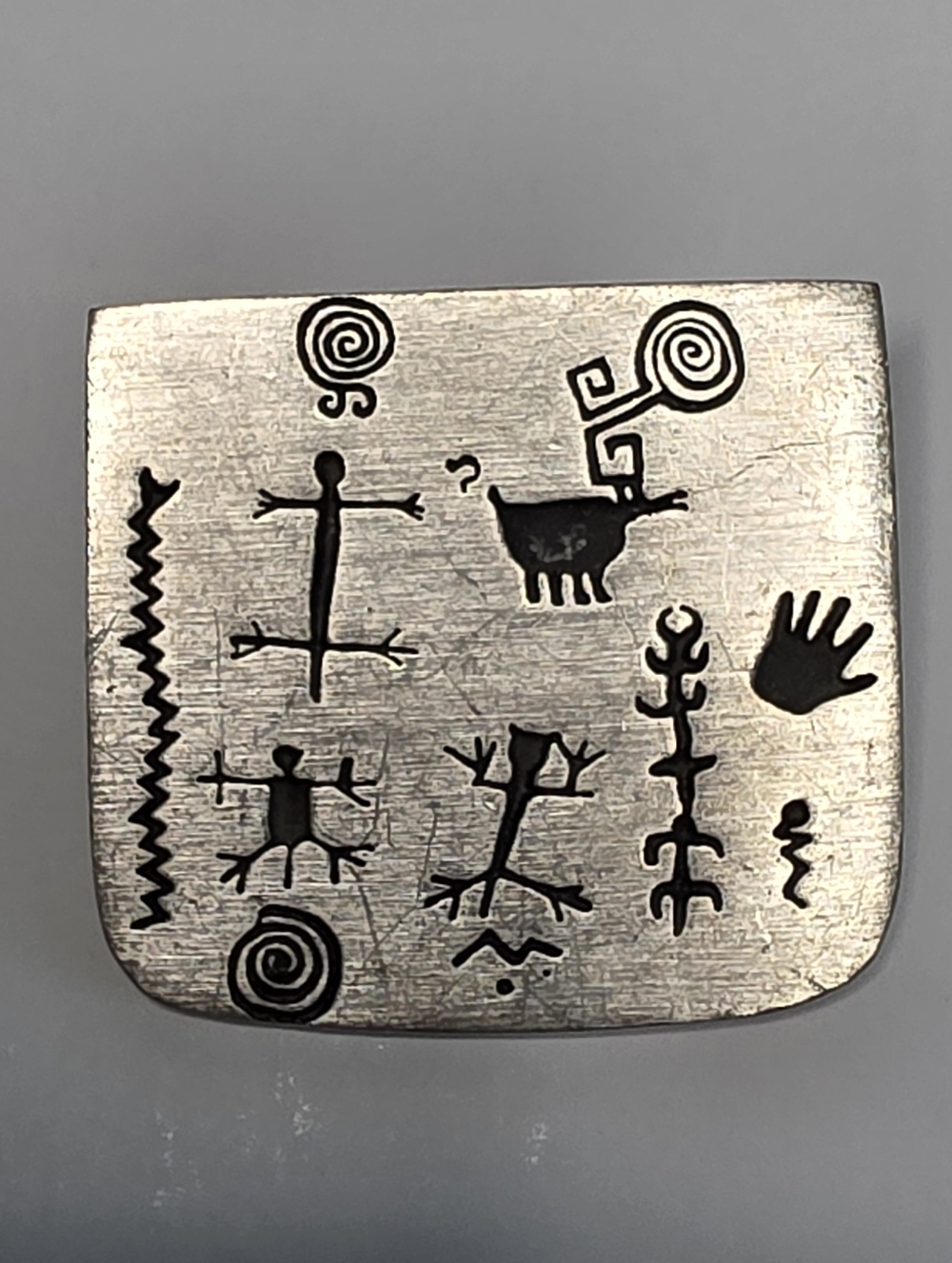 Vintage Urban Fetish @1988 Tribal Pewter Petroglyphs Brooch by Alice Steely